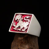 Perfectly crafted Men's red Sinhalese Lion Ring - Sterling Silver - BikeRing4u