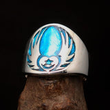 Excellent crafted Men's Claddagh Ring blue winged heart Star Moon - Sterling Silver - BikeRing4u