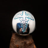Excellent crafted Men's Blue Medical Doctor Seal Ring - Sterling Silver - BikeRing4u
