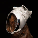 Perfectly crafted Men's howling Wolf Ring - shiny Sterling Silver - BikeRing4u