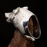 Perfectly crafted Men's howling Wolf Ring - shiny Sterling Silver - BikeRing4u