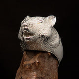 Perfectly crafted Men's howling Wolf Ring - shiny Sterling Silver - BikeRing4u