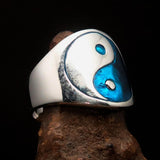 Excellent crafted Men's blue Yin Yang Ring - Sterling Silver - BikeRing4u