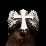 Excellent crafted shiny Men's flying winged Cross Ring - Sterling Silver - BikeRing4u