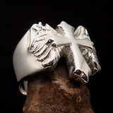 Excellent crafted shiny Men's flying winged Cross Ring - Sterling Silver - BikeRing4u