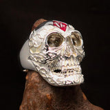 Excellent crafted Men's red 1% Runes Skull Outlaw Ring - Sterling Silver - BikeRing4u