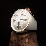 Excellent crafted oval domed Men's two tone Cross Lorraine Ring - Sterling Silver - BikeRing4u