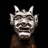 Excellent crafted Men's horned Devil Ring - Antiqued Sterling Silver - BikeRing4u