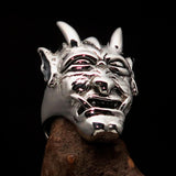 Excellent crafted Men's horned Devil Ring - Antiqued Sterling Silver - BikeRing4u