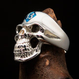Excellent crafted Men's Biker Skull Ring Blue Diamond Lucky 13 - Sterling Silver - BikeRing4u