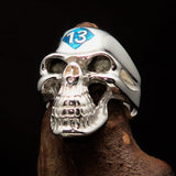 Excellent crafted Men's Biker Skull Ring Blue Diamond Lucky 13 - Sterling Silver - BikeRing4u