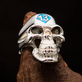 Excellent crafted Men's Biker Skull Ring Blue Diamond Lucky 13 - Sterling Silver - BikeRing4u