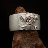Two Tone Men's Outlaw 1% Jolly Roger Skull Band Ring - Matte Sterling Silver - BikeRing4u