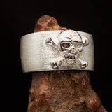 Two Tone Men's Outlaw 1% Jolly Roger Skull Band Ring - Matte Sterling Silver - BikeRing4u