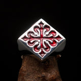 Excellent crafted Men's Red Fleur de Lis Cross Ring - Sterling Silver - BikeRing4u