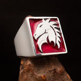 Excellent crafted Men's Chess Ring Horse Head Red - Sterling Silver - BikeRing4u