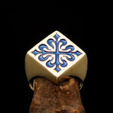 Excellent crafted Men's Royal Blue Fleur de Lis Cross Ring - solid Brass - BikeRing4u