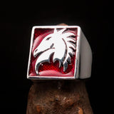 Excellent crafted Men's Chess Ring Horse Head Red - Sterling Silver - BikeRing4u