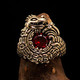 Excellent crafted Men's Brass Ring Ancient Maya Inca Dragon Red CZ - BikeRing4u