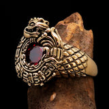 Excellent crafted Men's Brass Ring Ancient Maya Inca Dragon Red CZ - BikeRing4u