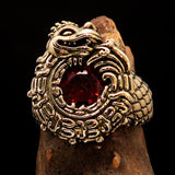 Excellent crafted Men's Brass Ring Ancient Maya Inca Dragon Red CZ - BikeRing4u