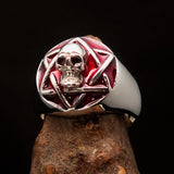 Excellent crafted domed red Men's Hexagram Skull Ring - Sterling Silver - BikeRing4u