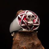 Excellent crafted domed red Men's Hexagram Skull Ring - Sterling Silver - BikeRing4u
