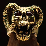 Excellent crafted Men's Brass Biker Ring Horned Ram Skull red CZ Eyes - BikeRing4u