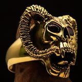 Excellent crafted Men's Brass Biker Ring Horned Ram Skull red CZ Eyes - BikeRing4u
