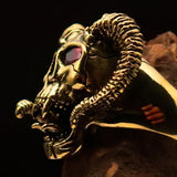 Excellent crafted Men's Brass Biker Ring Horned Ram Skull red CZ Eyes - BikeRing4u