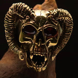 Excellent crafted Men's Brass Biker Ring Horned Ram Skull red CZ Eyes - BikeRing4u