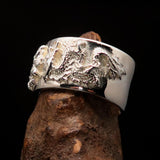 Excellent crafted shiny Men's Sterling Silver Two Dragon Ring - BikeRing4u
