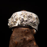 Excellent crafted shiny Men's Sterling Silver Two Dragon Ring - BikeRing4u