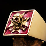 Excellent crafted Men's Pirate Skull Ring red Maltese Cross - Solid Brass - BikeRing4u