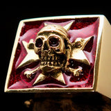 Excellent crafted Men's Pirate Skull Ring red Maltese Cross - Solid Brass - BikeRing4u