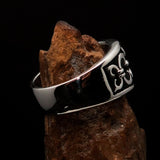 Nicely crafted domed Men's Fleur de Lis Ring Black - Sterling Silver - BikeRing4u