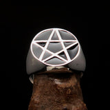Perfectly crafted Men's Solid Line Pentagram Ring Black - Sterling Silver - BikeRing4u