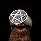 Perfectly crafted Men's Solid Line Pentagram Ring Black - Sterling Silver - BikeRing4u