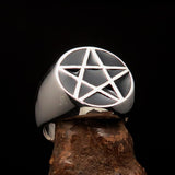Perfectly crafted Men's Solid Line Pentagram Ring Black - Sterling Silver - BikeRing4u