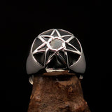 Nicely crafted domed Men's Heptagram Ring Black Heptagon - Sterling Silver - BikeRing4u