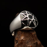 Nicely crafted domed Men's Heptagram Ring Black Heptagon - Sterling Silver - BikeRing4u