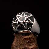 Nicely crafted domed Men's Heptagram Ring Black Heptagon - Sterling Silver - BikeRing4u