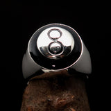 Nicely crafted domed Men's Pool Player Ring Black 8 Eight- Sterling Silver - BikeRing4u