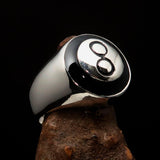 Nicely crafted domed Men's Pool Player Ring Black 8 Eight- Sterling Silver - BikeRing4u