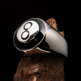 Nicely crafted domed Men's Pool Player Ring Black 8 Eight- Sterling Silver - BikeRing4u