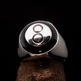 Nicely crafted domed Men's Pool Player Ring Black 8 Eight- Sterling Silver - BikeRing4u