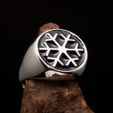 Excellent crafted Men's Winter Ring Black Snowflake - Sterling Silver - BikeRing4u