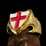 Men's Brass Shield Ring Flag of England Red Cross on White - BikeRing4u