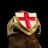 Men's Brass Shield Ring Flag of England Red Cross on White - BikeRing4u