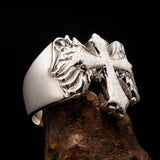 Excellent crafted two tone Men's flying winged Cross Ring - Sterling Silver - BikeRing4u